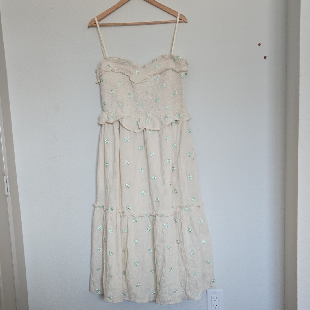 Just Me Cream Smocked Sleeveless Tiered Floral Embroidered Dress Gauzy Size L